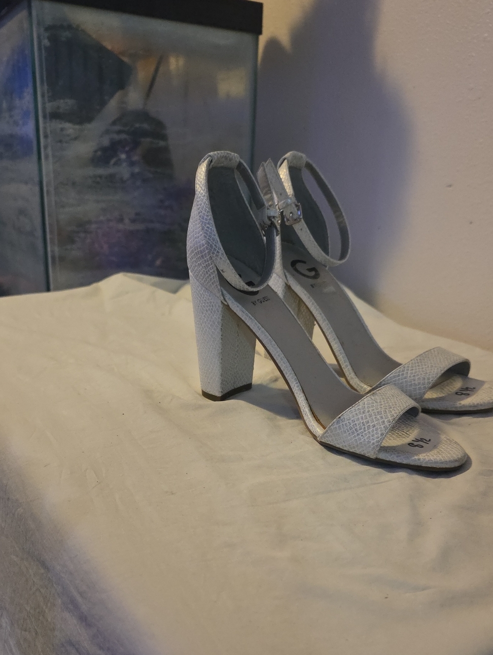 Guess Light Gray Textured Block Heel Sandals with Ankle Strap